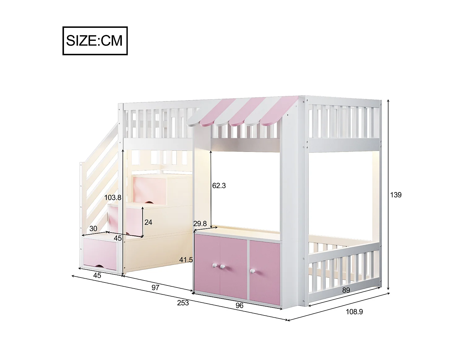 Lit mezzanine en bois 90x200cm - avec armoire - escalier de rangement - avec éclairage LED - rose (matelas non inclus)