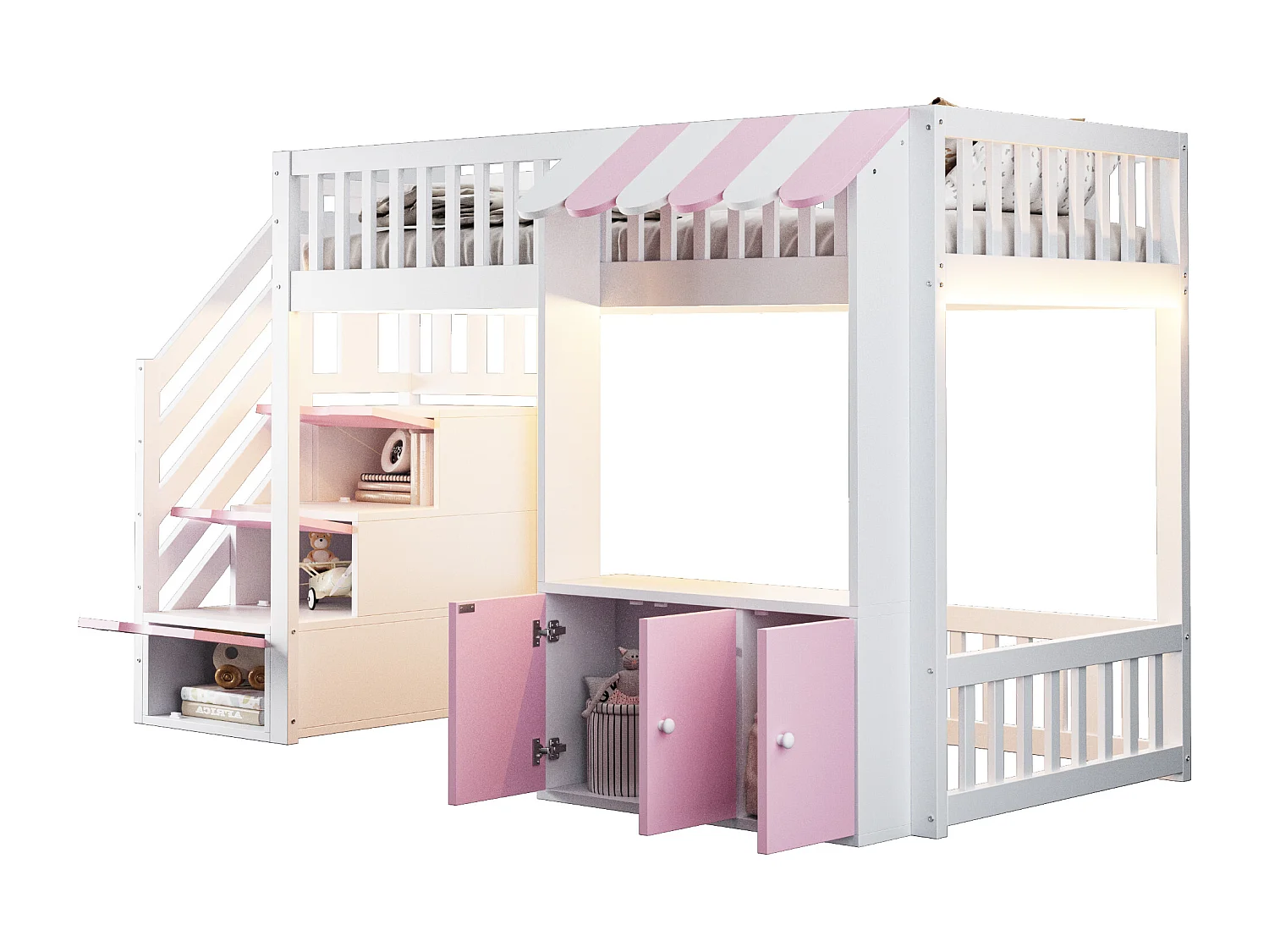 Lit mezzanine en bois 90x200cm - avec armoire - escalier de rangement - avec éclairage LED - rose (matelas non inclus)