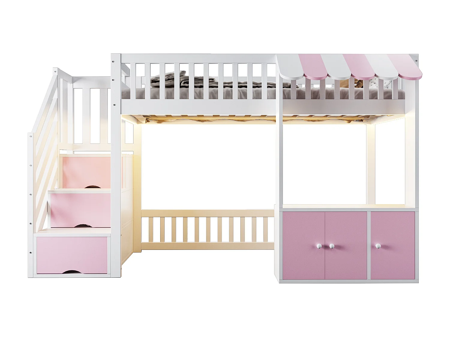 Lit mezzanine en bois 90x200cm - avec armoire - escalier de rangement - avec éclairage LED - rose (matelas non inclus)