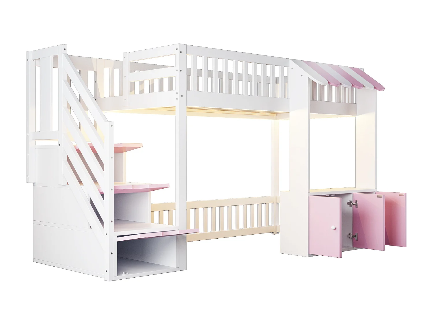 Lit mezzanine en bois 90x200cm - avec armoire - escalier de rangement - avec éclairage LED - rose (matelas non inclus)