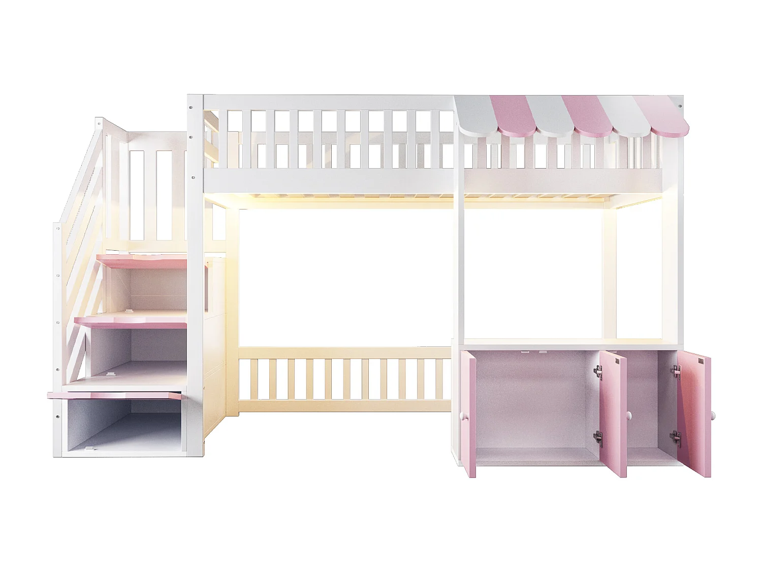 Lit mezzanine en bois 90x200cm - avec armoire - escalier de rangement - avec éclairage LED - rose (matelas non inclus)