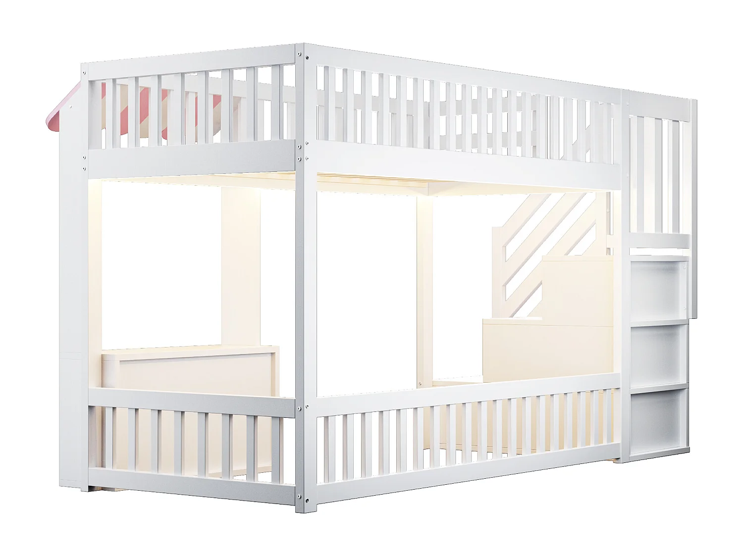 Lit mezzanine en bois 90x200cm - avec armoire - escalier de rangement - avec éclairage LED - rose (matelas non inclus)