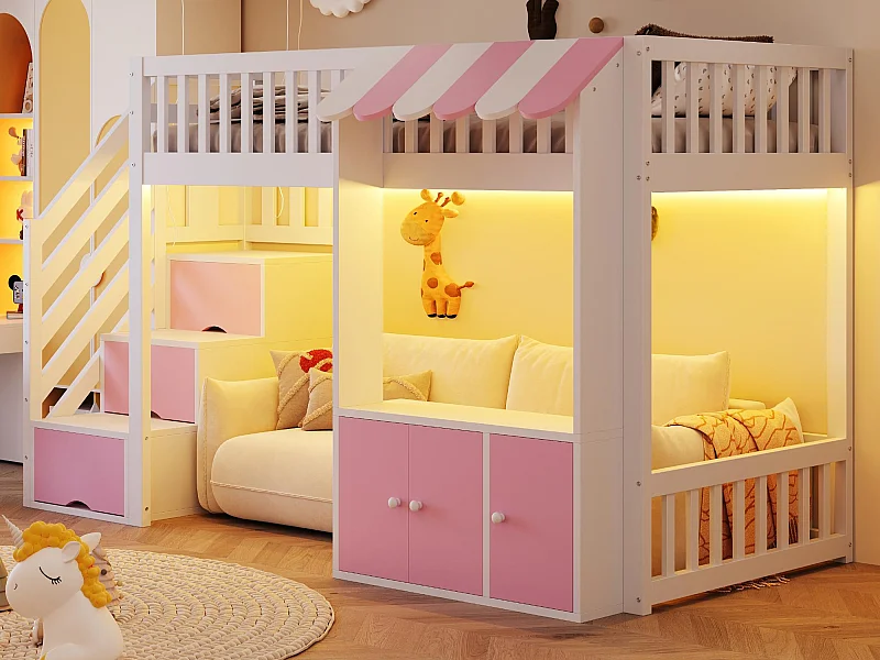 Lit mezzanine en bois 90x200cm - avec armoire - escalier de rangement - avec éclairage LED - rose (matelas non inclus)