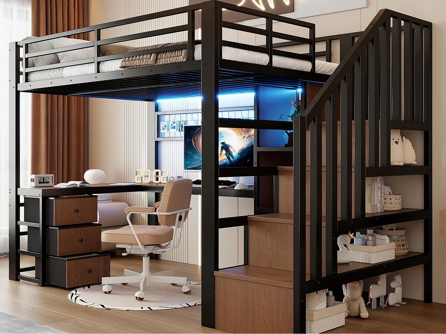 Lit mezzanine 90x200 cm - Structure en fer - Compartiments de rangement - 4 tiroirs - Éclairage LED - Bureau - Escalier - noir (matelas non inclus)