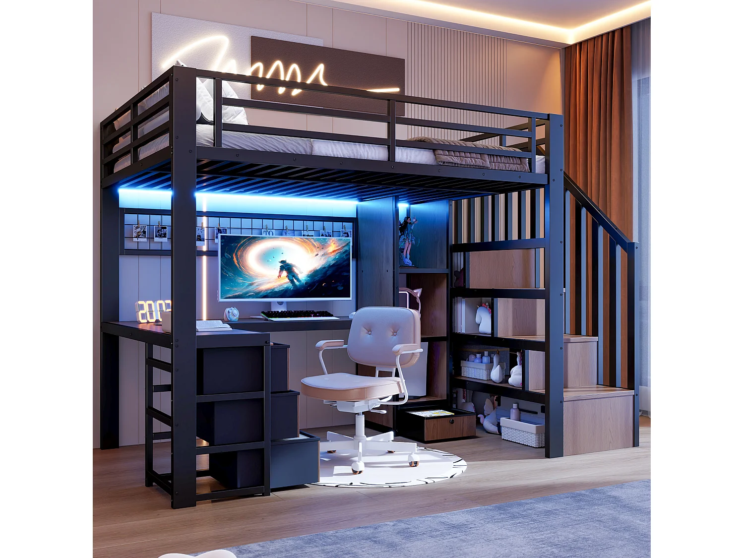 Lit mezzanine 90x200 cm - Structure en fer - Compartiments de rangement - 4 tiroirs - Éclairage LED - Bureau - Escalier - noir (matelas non inclus)