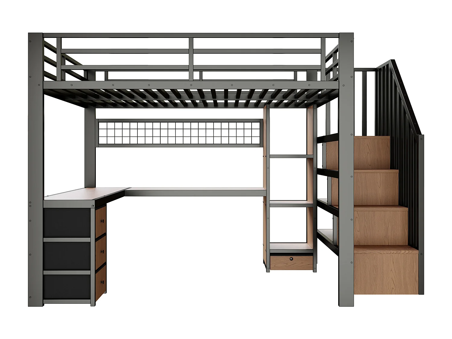 Lit mezzanine 90x200 cm - Structure en fer - Compartiments de rangement - 4 tiroirs - Éclairage LED - Bureau - Escalier - noir (matelas non inclus)