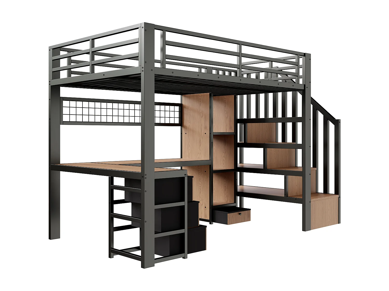 Lit mezzanine 90x200 cm - Structure en fer - Compartiments de rangement - 4 tiroirs - Éclairage LED - Bureau - Escalier - noir (matelas non inclus)