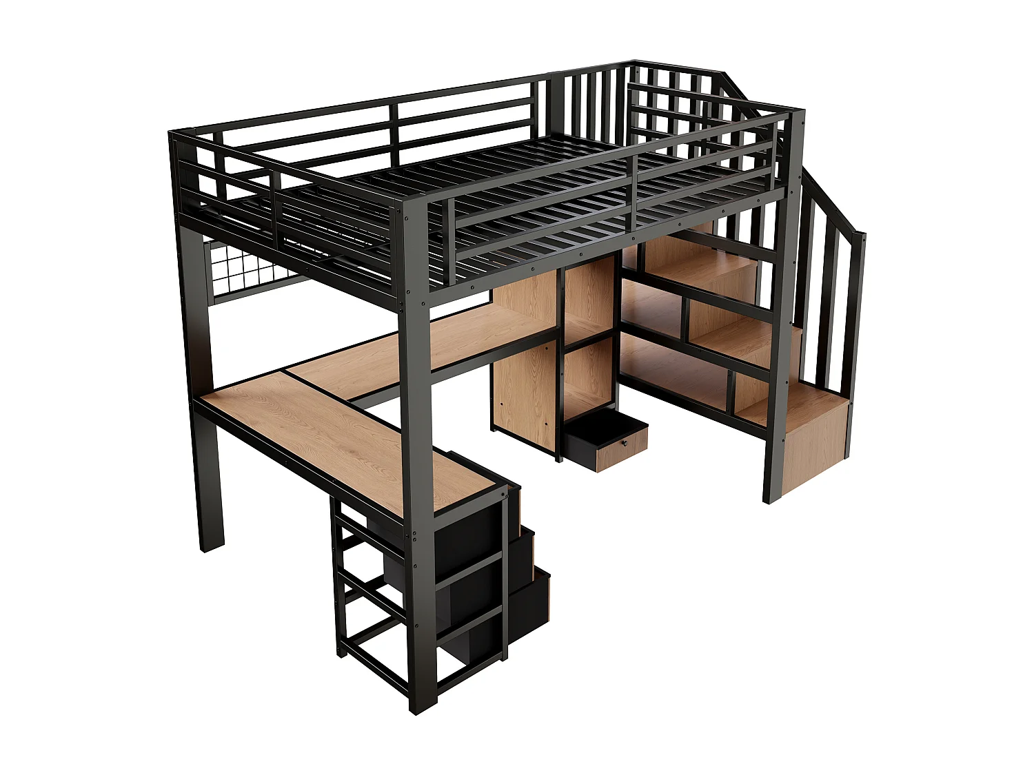 Lit mezzanine 90x200 cm - Structure en fer - Compartiments de rangement - 4 tiroirs - Éclairage LED - Bureau - Escalier - noir (matelas non inclus)