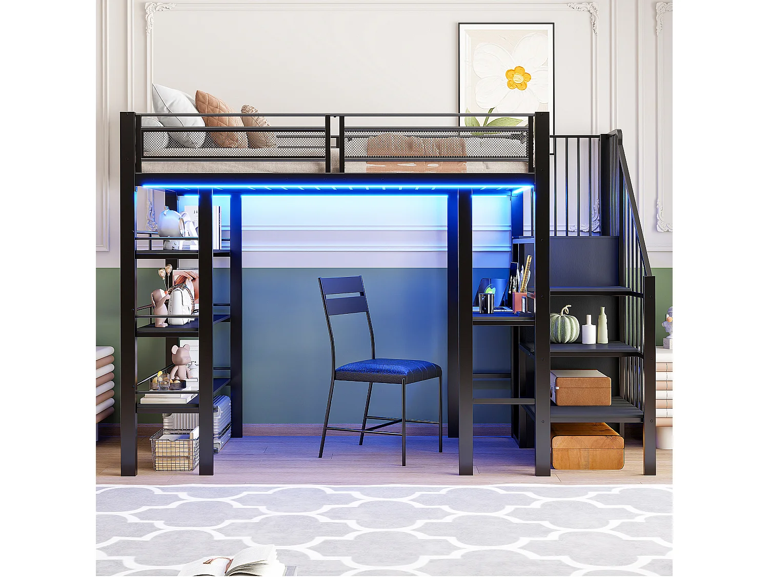 Lit mezzanine 90x200 cm - avec éclairage LED et prise électrique - avec compartiments de rangement - avec étagère - noir (matelas non inclus)