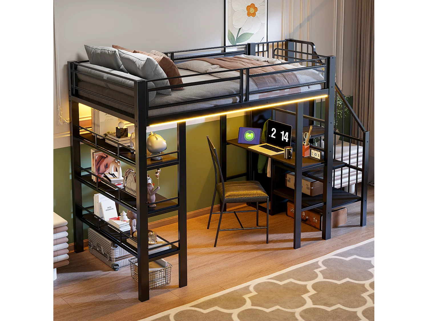 Lit mezzanine 90x200 cm - avec éclairage LED et prise électrique - avec compartiments de rangement - avec étagère - noir (matelas non inclus)