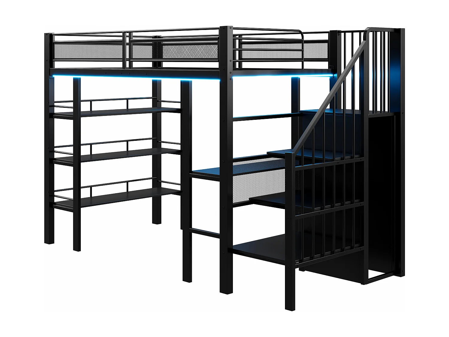 Lit mezzanine 90x200 cm - avec éclairage LED et prise électrique - avec compartiments de rangement - avec étagère - noir (matelas non inclus)