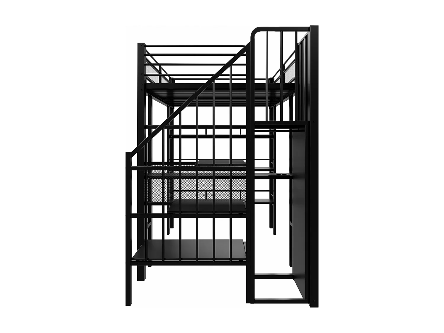 Lit mezzanine 90x200 cm - avec éclairage LED et prise électrique - avec compartiments de rangement - avec étagère - noir (matelas non inclus)