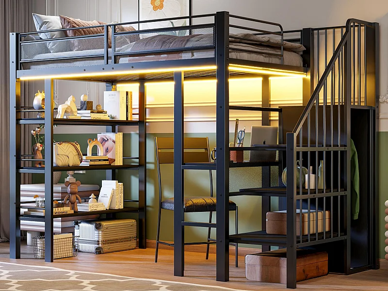 Lit mezzanine 90x200 cm - avec éclairage LED et prise électrique - avec compartiments de rangement - avec étagère - noir (matelas non inclus)