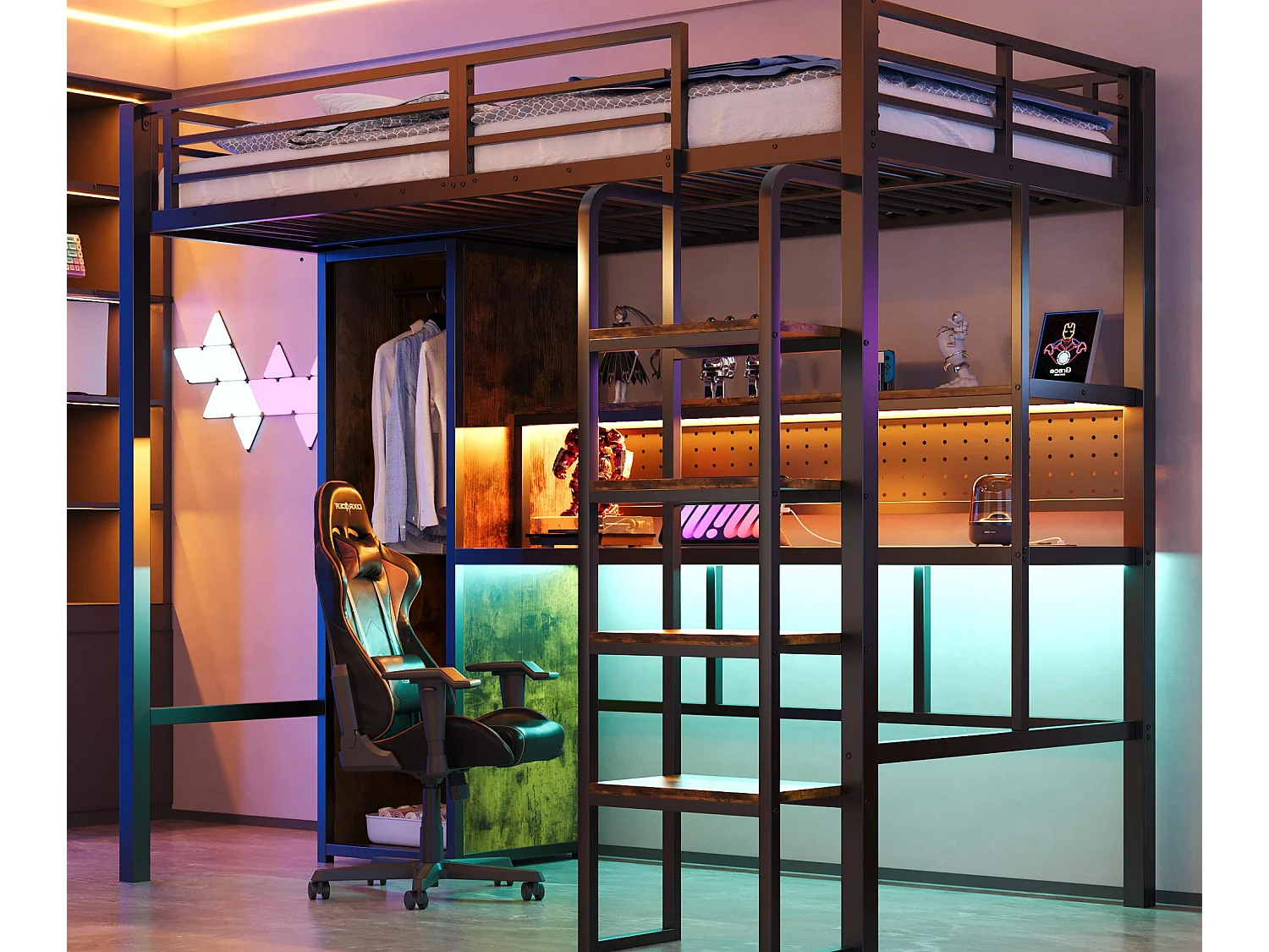 Łóżko na antresoli metalowe 90 x 200 cm - z drabiną - duże biurko z panelem perforowanym - z oświetleniem LED - z szafą - czarny​ (materac nie jest wliczony w cenę)