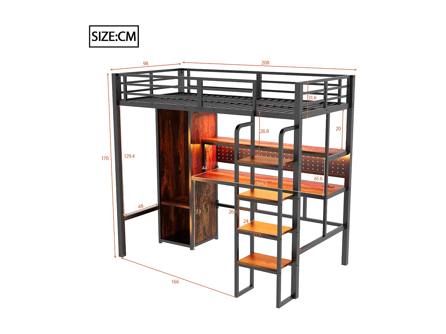 Łóżko na antresoli metalowe 90 x 200 cm - z drabiną - duże biurko z panelem perforowanym - z oświetleniem LED - z szafą - czarny​ (materac nie jest wliczony w cenę)