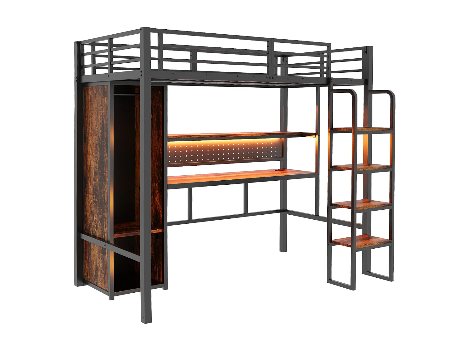 Łóżko na antresoli metalowe 90 x 200 cm - z drabiną - duże biurko z panelem perforowanym - z oświetleniem LED - z szafą - czarny​ (materac nie jest wliczony w cenę)