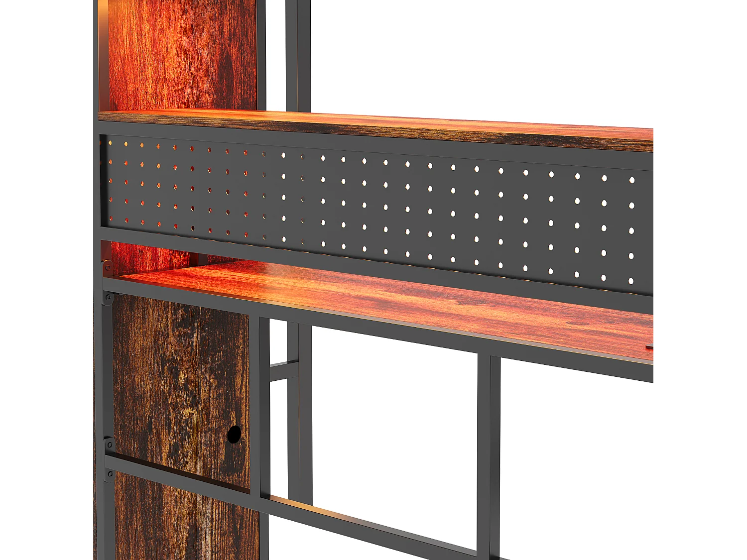 Łóżko na antresoli metalowe 90 x 200 cm - z drabiną - duże biurko z panelem perforowanym - z oświetleniem LED - z szafą - czarny​ (materac nie jest wliczony w cenę)