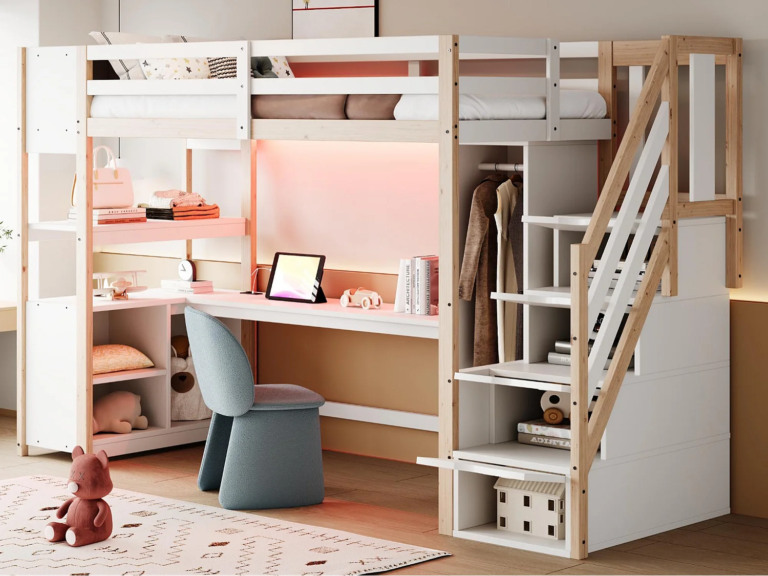 Lit mezzanine 90×200 cm - avec armoire et bureau - escalier avec rangement - avec prises électriques et LED - Naturel