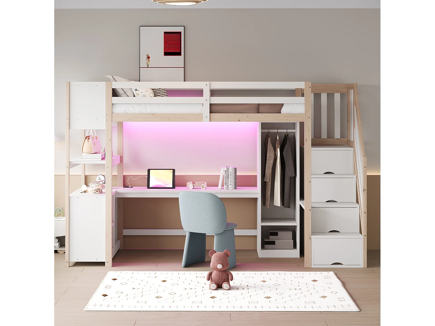 Lit mezzanine 90×200 cm - avec armoire et bureau - escalier avec rangement - avec prises électriques et LED - Naturel