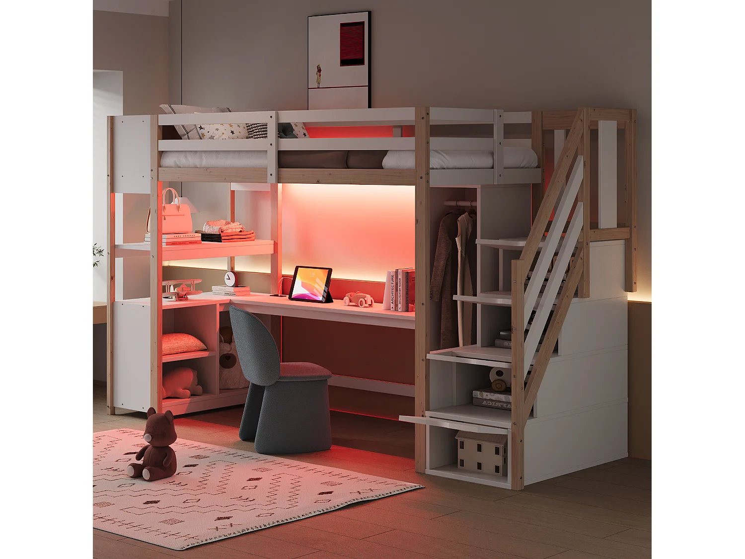 Lit mezzanine 90×200 cm - avec armoire et bureau - escalier avec rangement - avec prises électriques et LED - Naturel