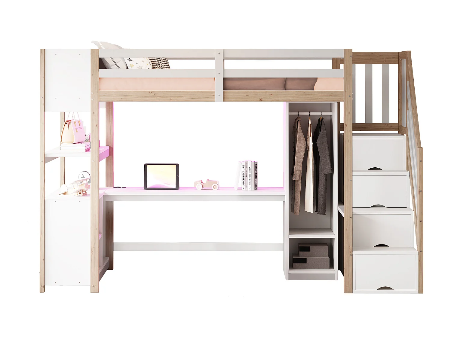 Lit mezzanine 90×200 cm - avec armoire et bureau - escalier avec rangement - avec prises électriques et LED - Naturel