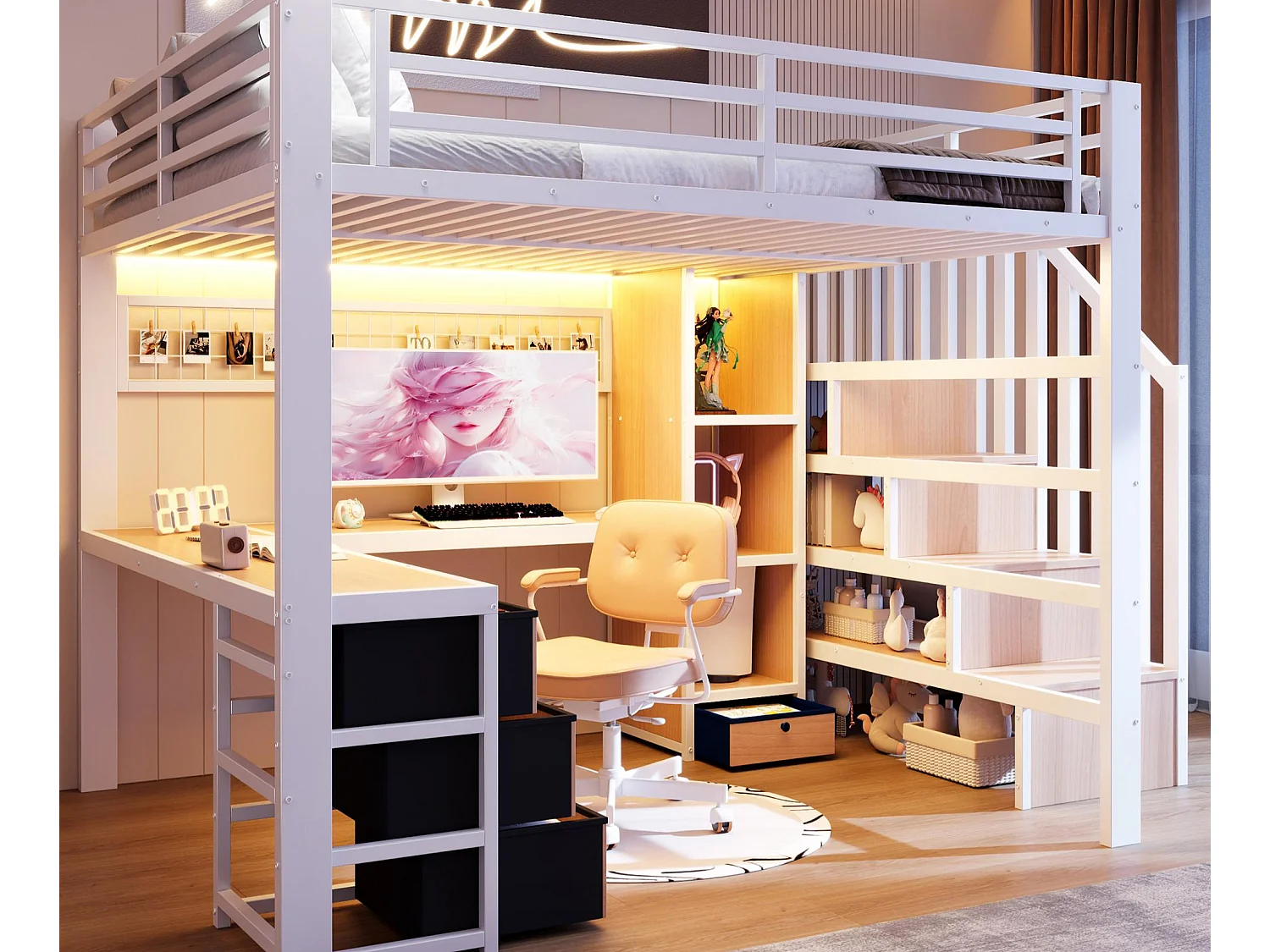 Lit mezzanine 140x200 cm - Structure en fer - Compartiments de rangement - 4 tiroirs - Éclairage LED - Bureau - Escalier - Blanc (matelas non inclus)