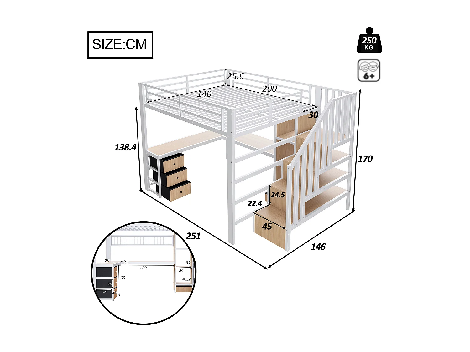 Lit mezzanine 140x200 cm - Structure en fer - Compartiments de rangement - 4 tiroirs - Éclairage LED - Bureau - Escalier - Blanc (matelas non inclus)