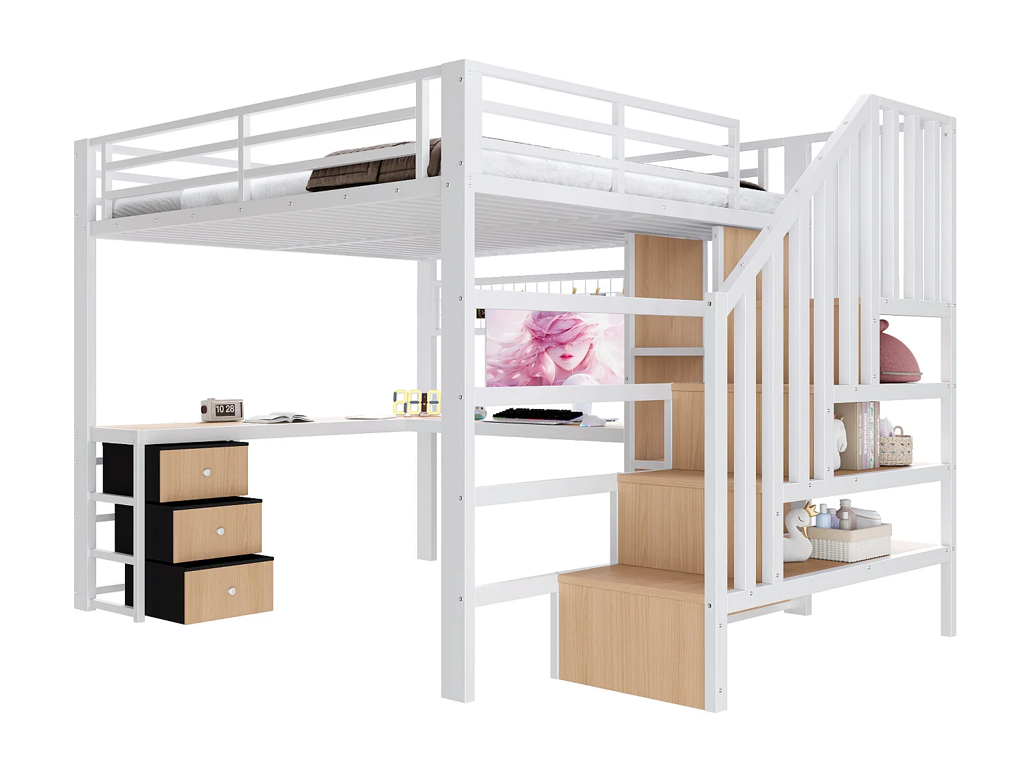 Lit mezzanine 140x200 cm - Structure en fer - Compartiments de rangement - 4 tiroirs - Éclairage LED - Bureau - Escalier - Blanc (matelas non inclus)
