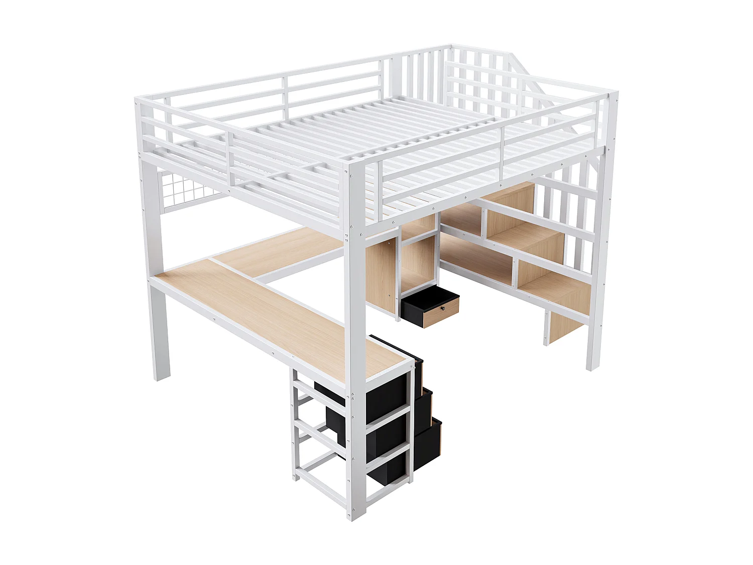 Lit mezzanine 140x200 cm - Structure en fer - Compartiments de rangement - 4 tiroirs - Éclairage LED - Bureau - Escalier - Blanc (matelas non inclus)