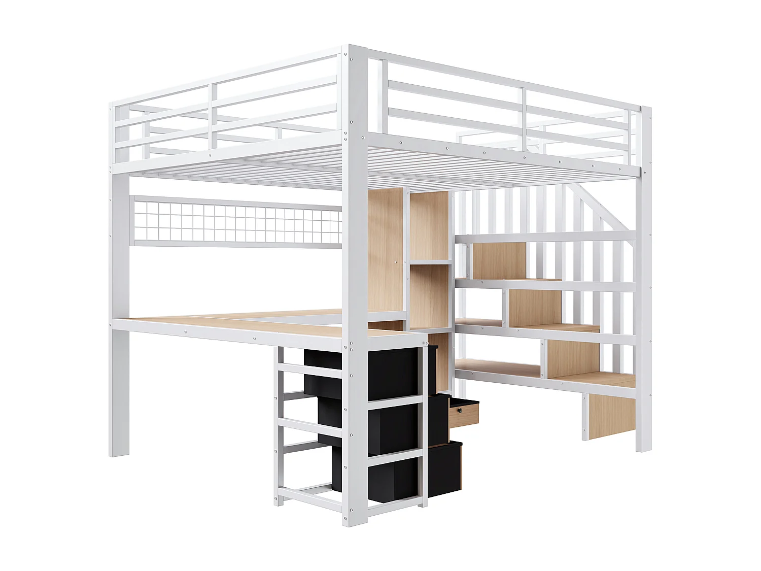Lit mezzanine 140x200 cm - Structure en fer - Compartiments de rangement - 4 tiroirs - Éclairage LED - Bureau - Escalier - Blanc (matelas non inclus)