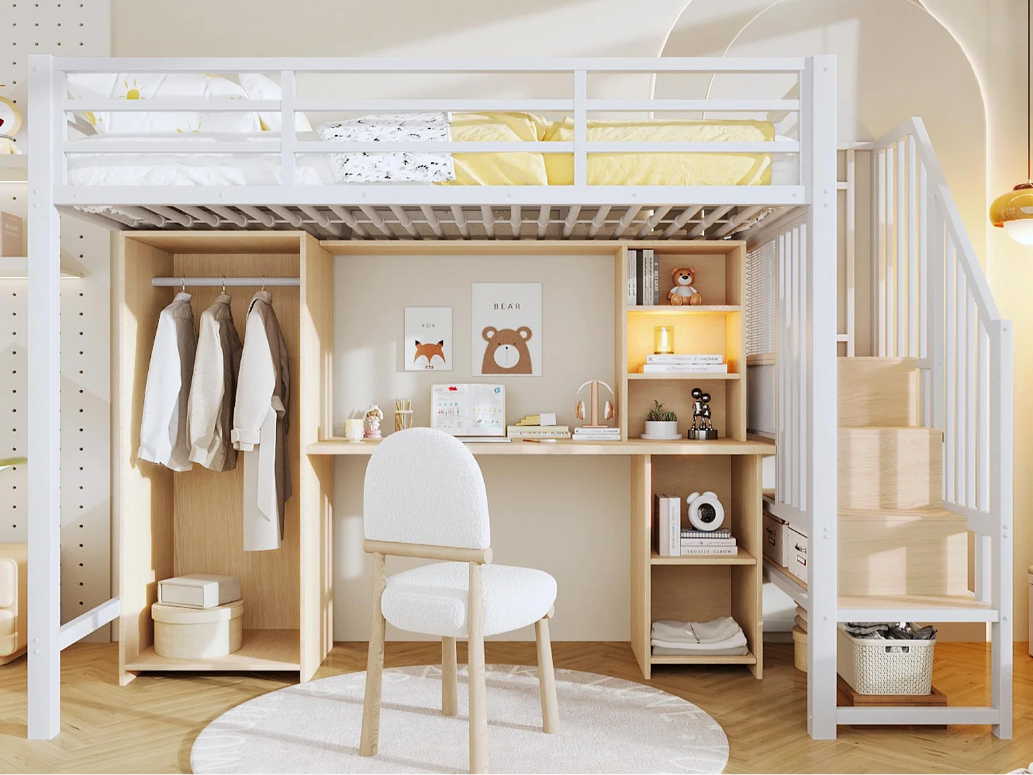 Lit mezzanine 90 x 200 cm - Structure en fer - avec espace de rangement - avec armoire + bureau - Blanc (matelas non inclus)