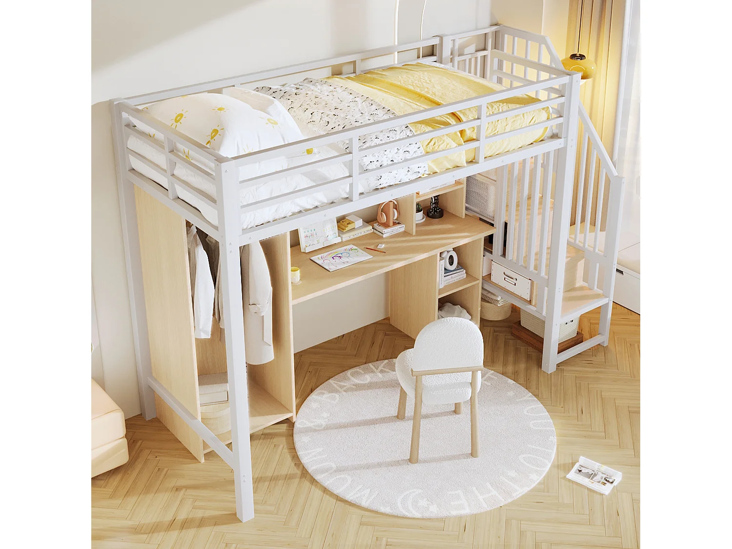 Lit mezzanine 90 x 200 cm - Structure en fer - avec espace de rangement - avec armoire + bureau - Blanc (matelas non inclus)