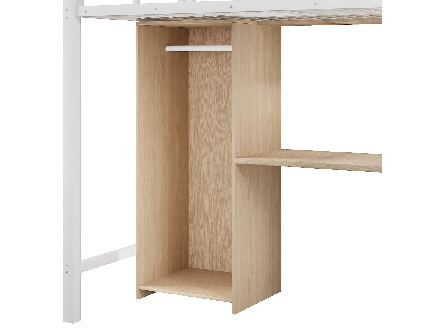 Lit mezzanine 90 x 200 cm - Structure en fer - avec espace de rangement - avec armoire + bureau - Blanc (matelas non inclus)