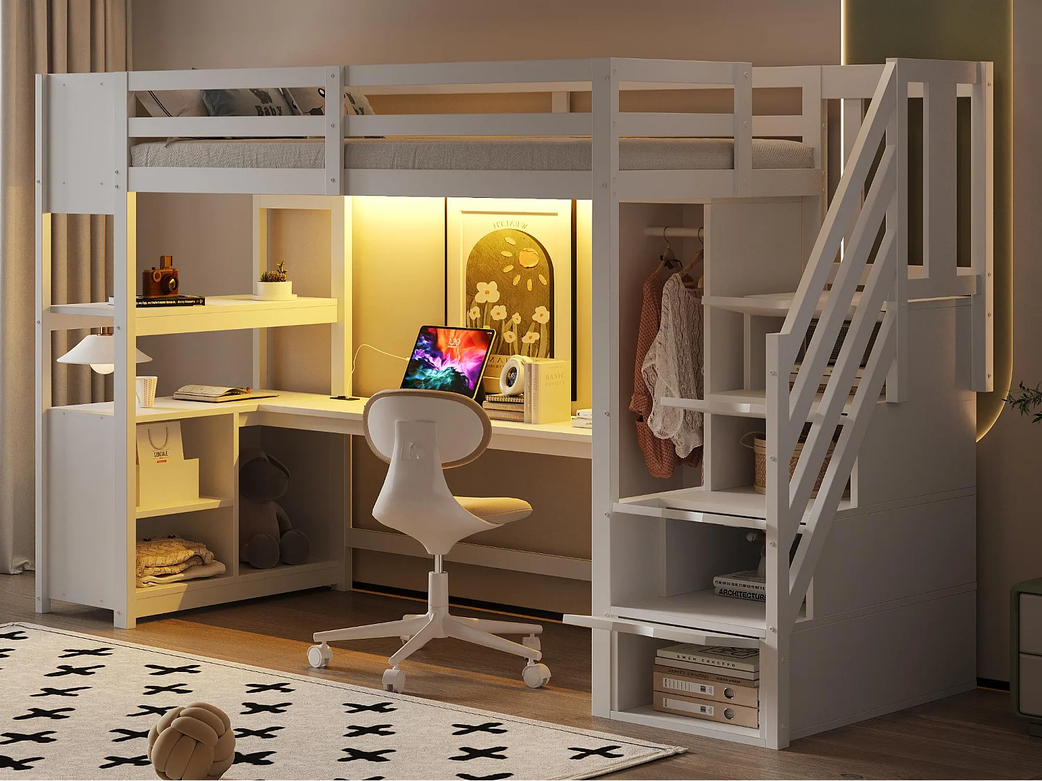 Lit mezzanine 90×200 cm - avec armoire et bureau - escalier avec rangement - avec prises électriques et LED - blanc