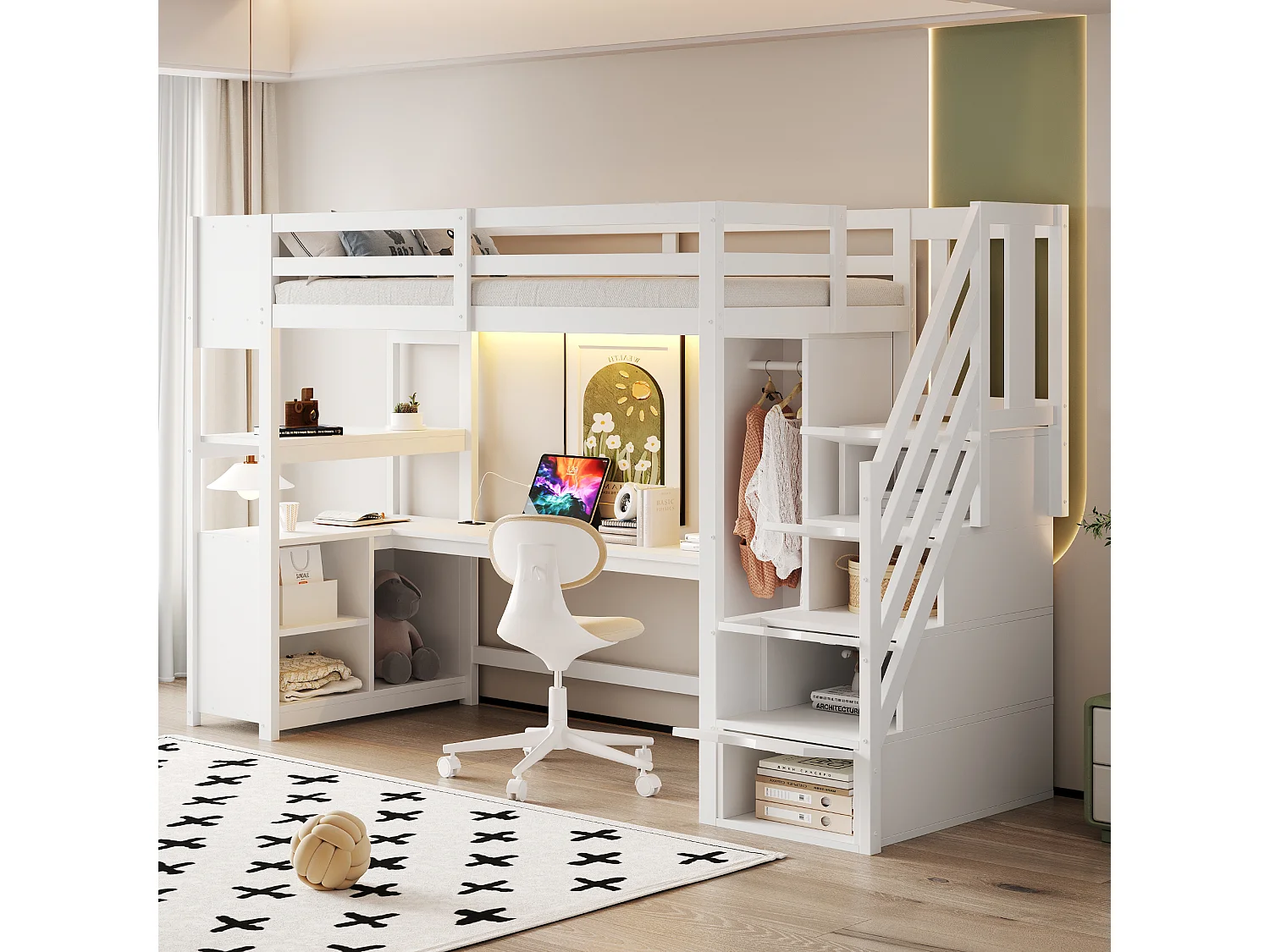 Lit mezzanine 90×200 cm - avec armoire et bureau - escalier avec rangement - avec prises électriques et LED - blanc