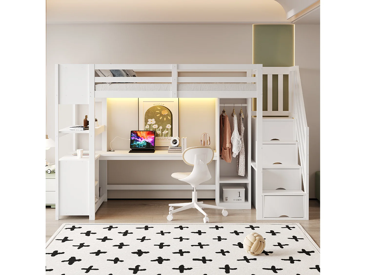 Lit mezzanine 90×200 cm - avec armoire et bureau - escalier avec rangement - avec prises électriques et LED - blanc