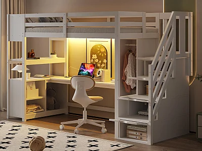 Hoogslaper 90×200 cm - met kast en bureau - trap met opbergruimte - met stopcontacten en LED - wit