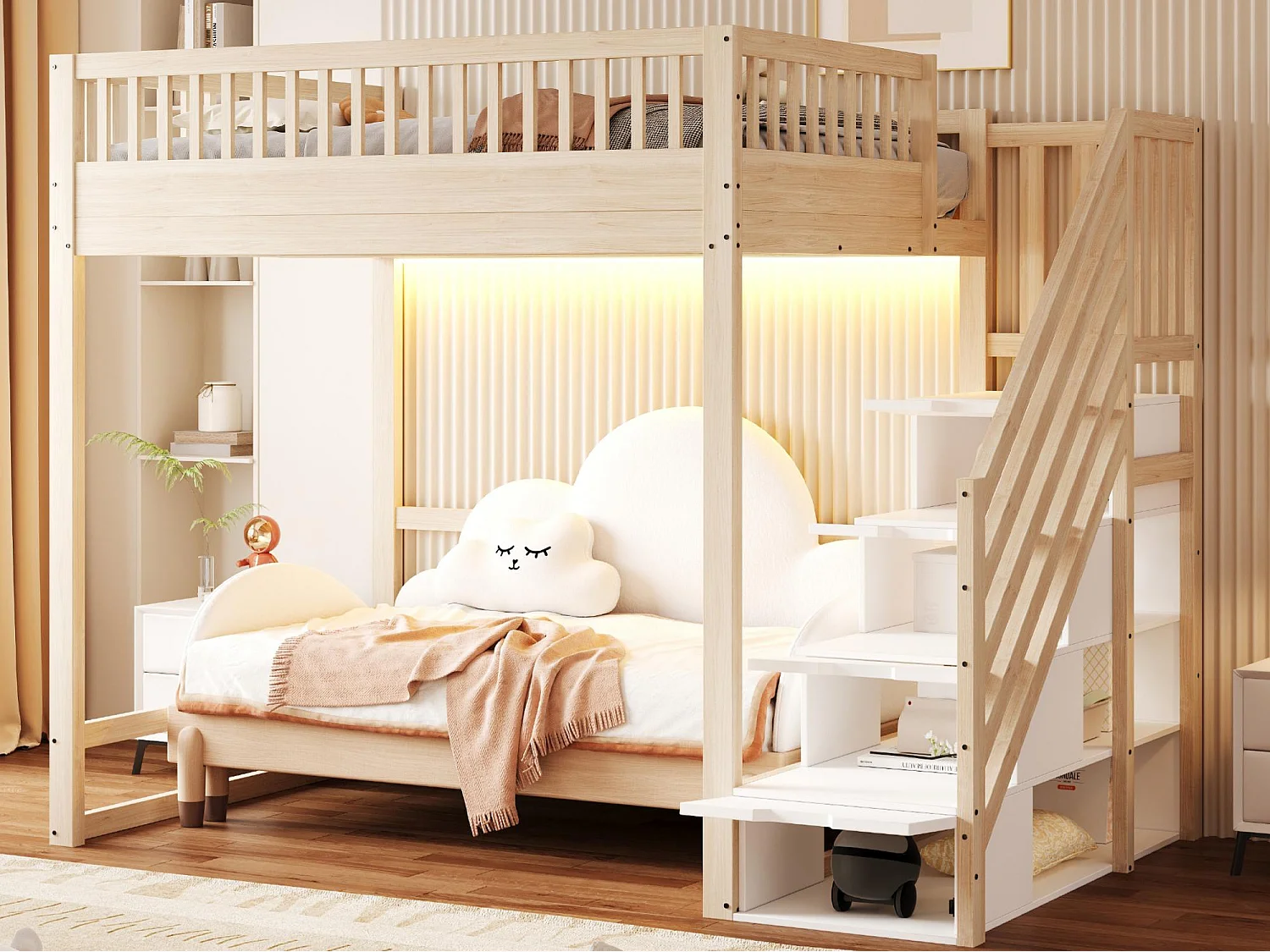 Lit mezzanine 140x200 cm - avec échelle de sécurité - avec barrières de sécurité - équipé de lumières LED - naturel (matelas non inclus)