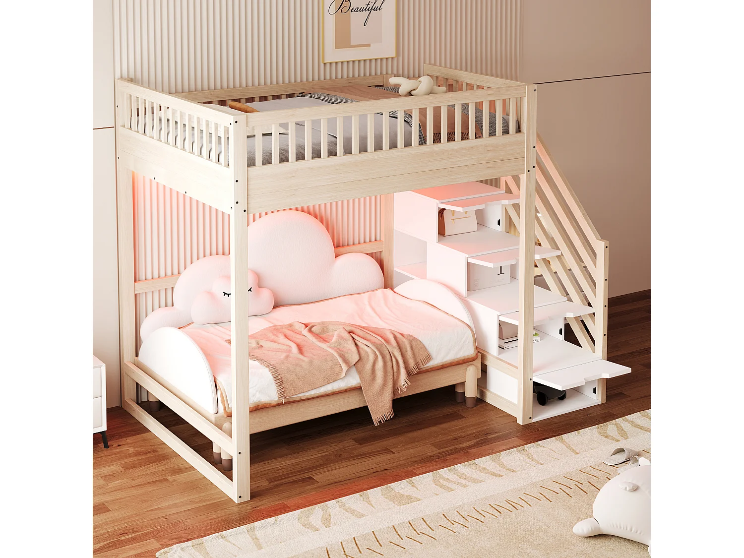 Lit mezzanine 140x200 cm - avec échelle de sécurité - avec barrières de sécurité - équipé de lumières LED - naturel (matelas non inclus)