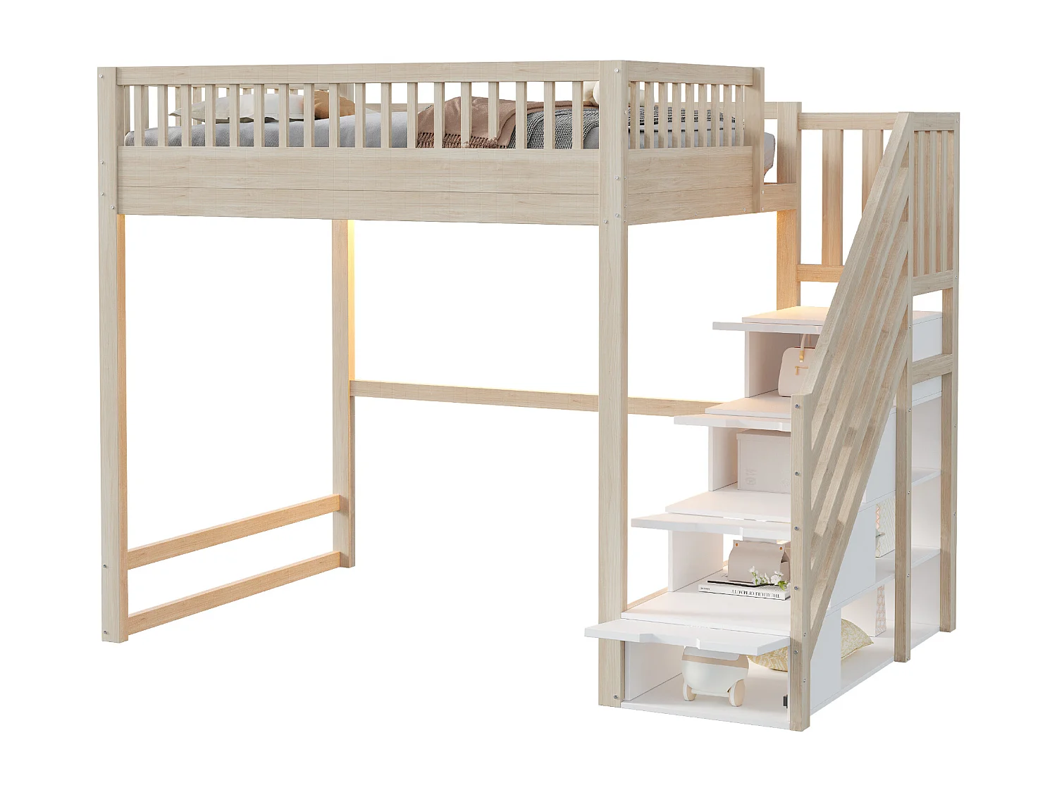 Lit mezzanine 140x200 cm - avec échelle de sécurité - avec barrières de sécurité - équipé de lumières LED - naturel (matelas non inclus)