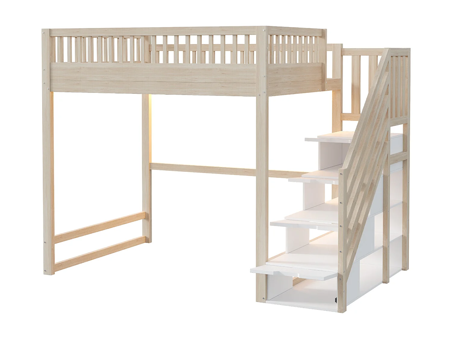 Lit mezzanine 140x200 cm - avec échelle de sécurité - avec barrières de sécurité - équipé de lumières LED - naturel (matelas non inclus)