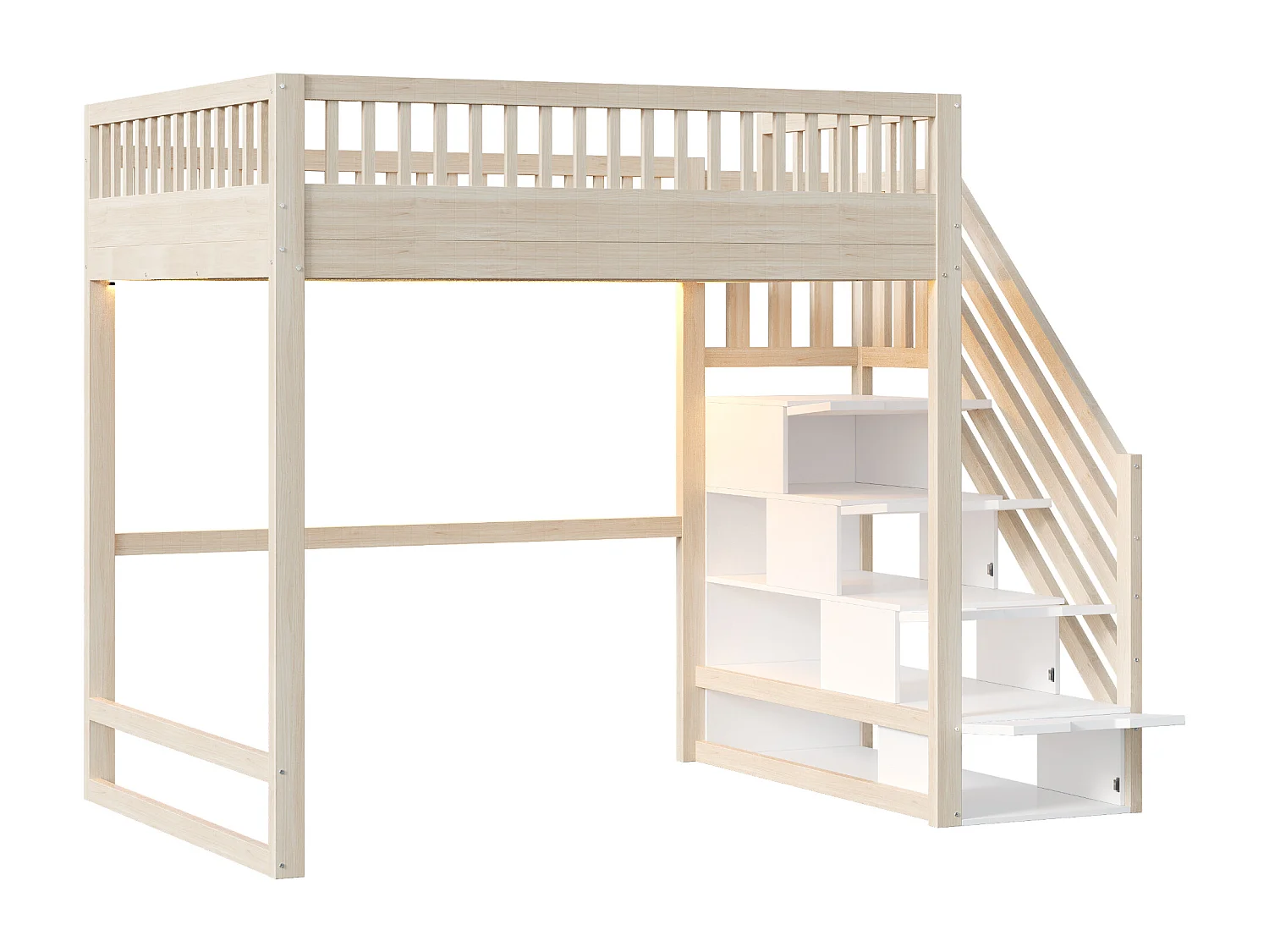 Lit mezzanine 140x200 cm - avec échelle de sécurité - avec barrières de sécurité - équipé de lumières LED - naturel (matelas non inclus)