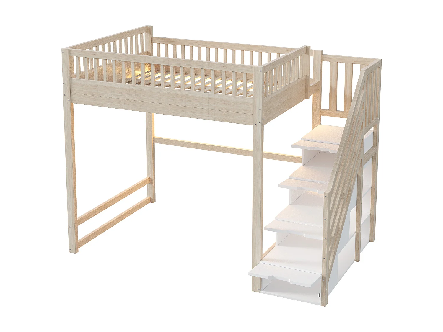 Lit mezzanine 140x200 cm - avec échelle de sécurité - avec barrières de sécurité - équipé de lumières LED - naturel (matelas non inclus)