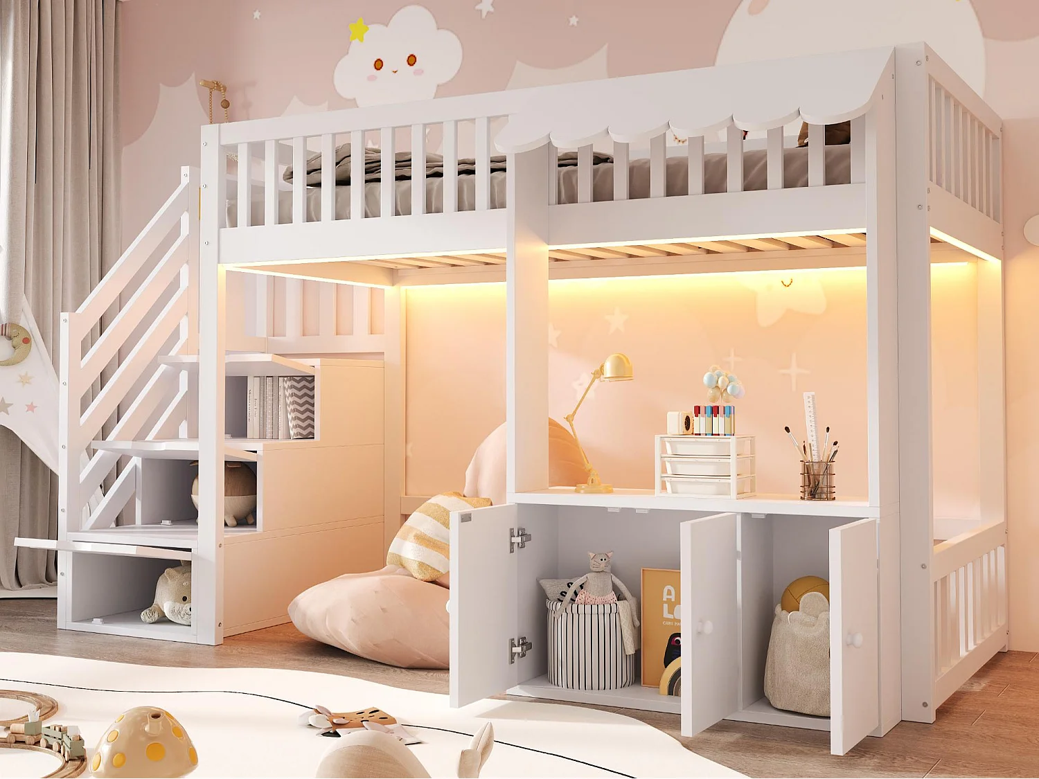 Lit mezzanine en bois 90x200cm - avec armoire - escalier de rangement - avec éclairage LED - blanc (matelas non inclus)