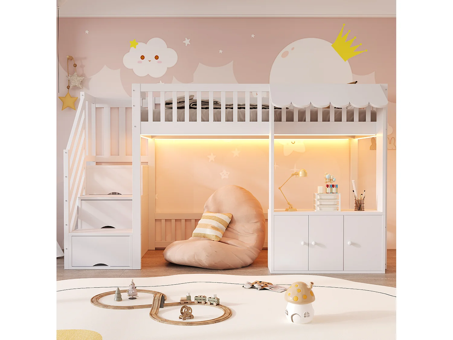 Lit mezzanine en bois 90x200cm - avec armoire - escalier de rangement - avec éclairage LED - blanc (matelas non inclus)