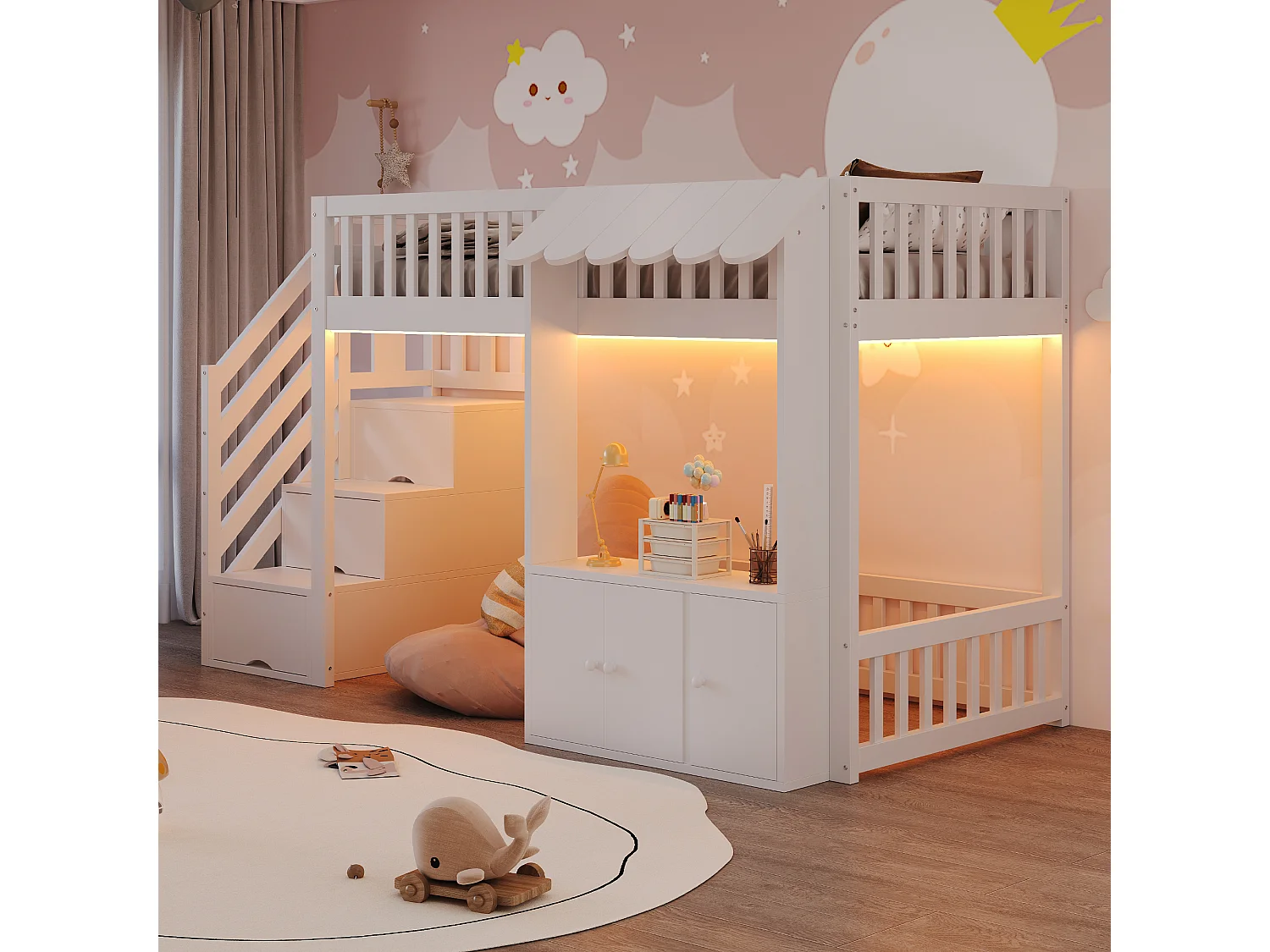 Lit mezzanine en bois 90x200cm - avec armoire - escalier de rangement - avec éclairage LED - blanc (matelas non inclus)