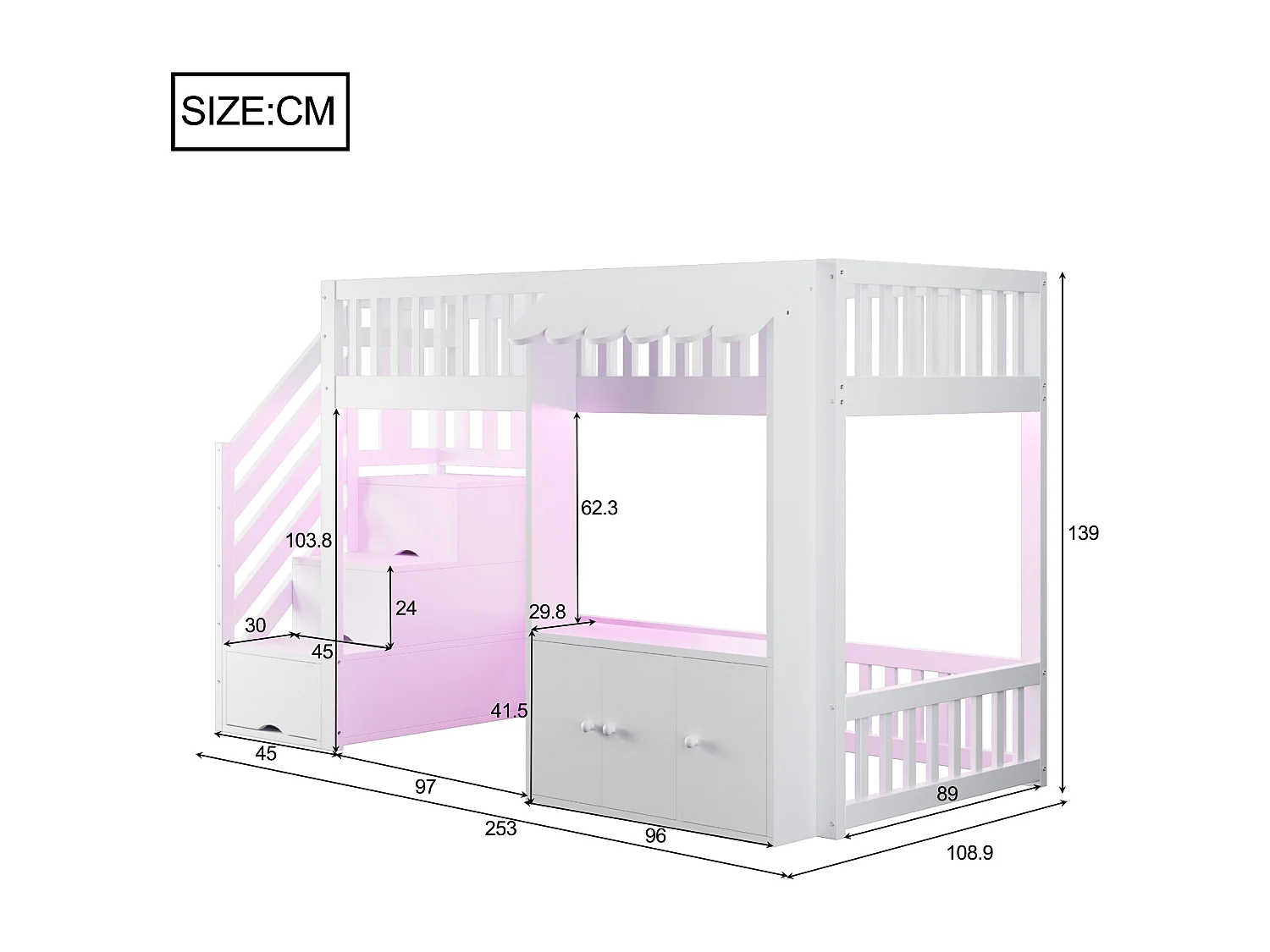 Lit mezzanine en bois 90x200cm - avec armoire - escalier de rangement - avec éclairage LED - blanc (matelas non inclus)
