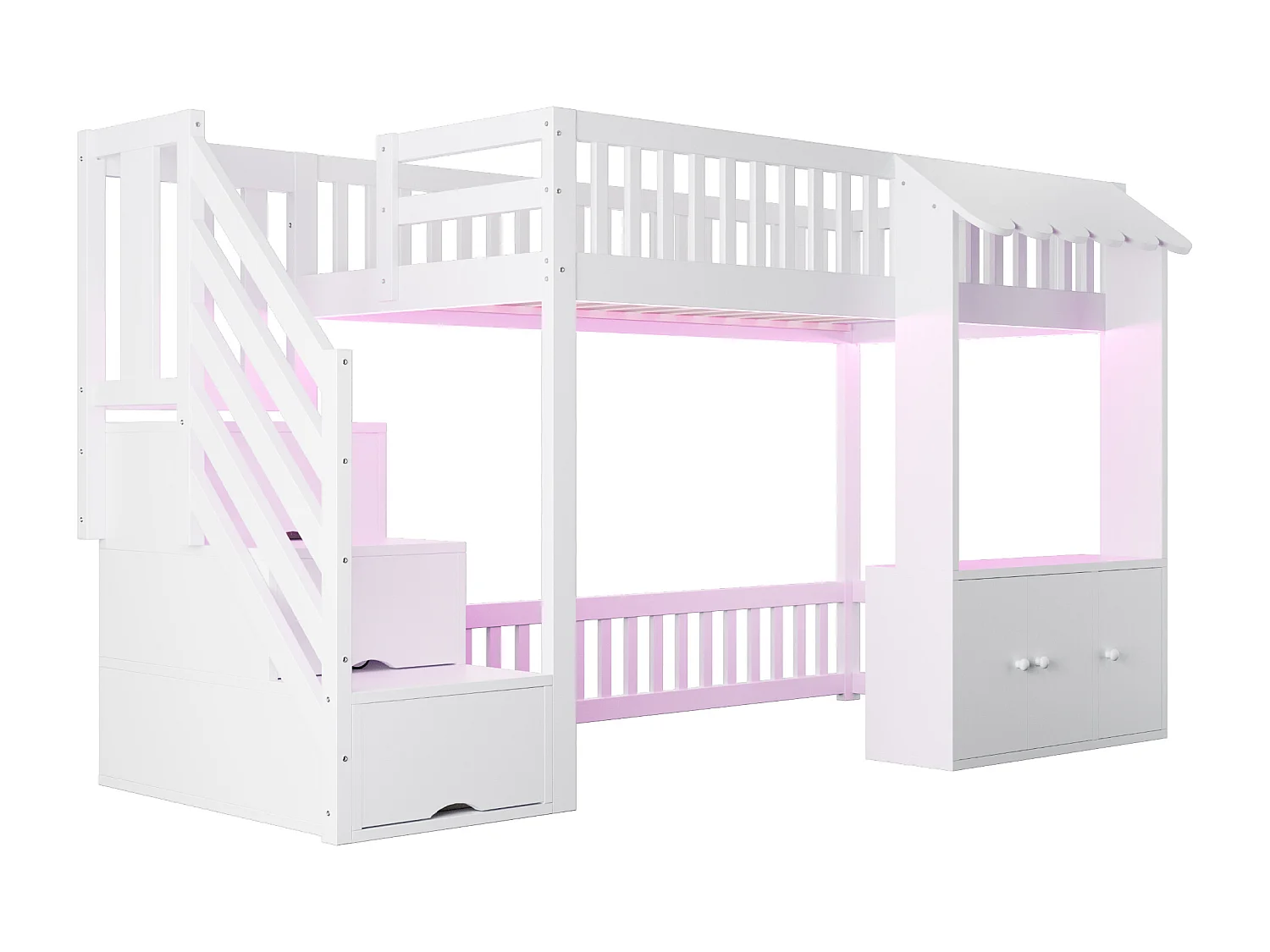 Lit mezzanine en bois 90x200cm - avec armoire - escalier de rangement - avec éclairage LED - blanc (matelas non inclus)