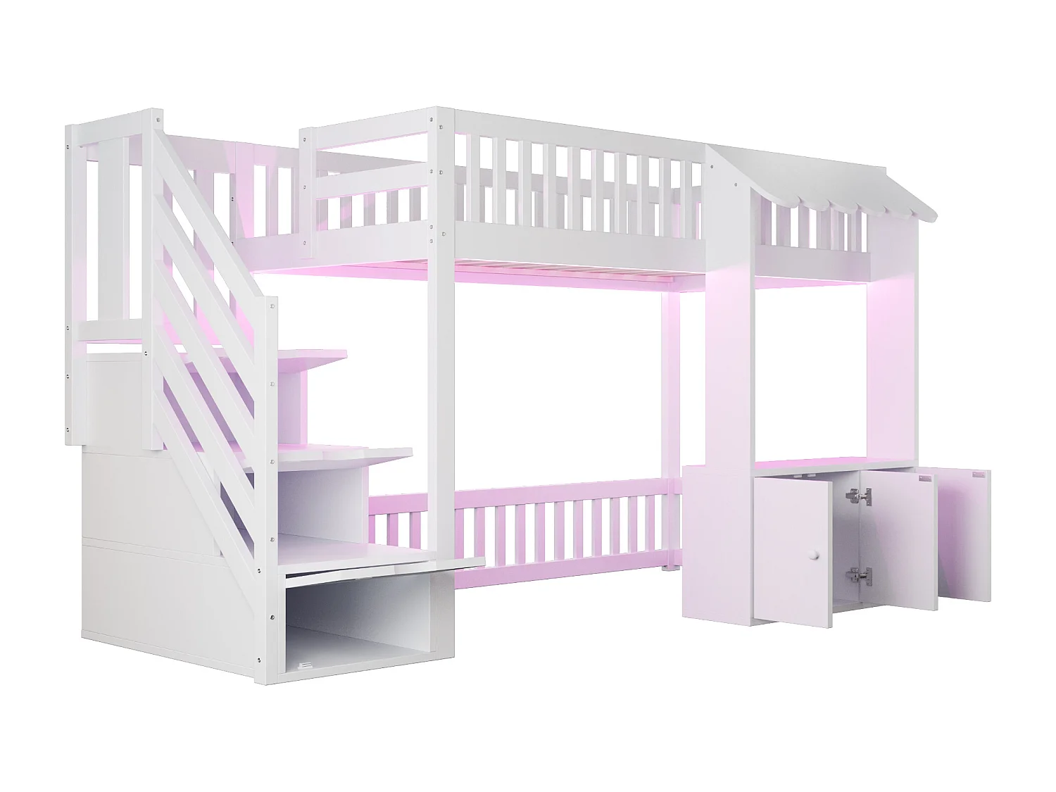Lit mezzanine en bois 90x200cm - avec armoire - escalier de rangement - avec éclairage LED - blanc (matelas non inclus)