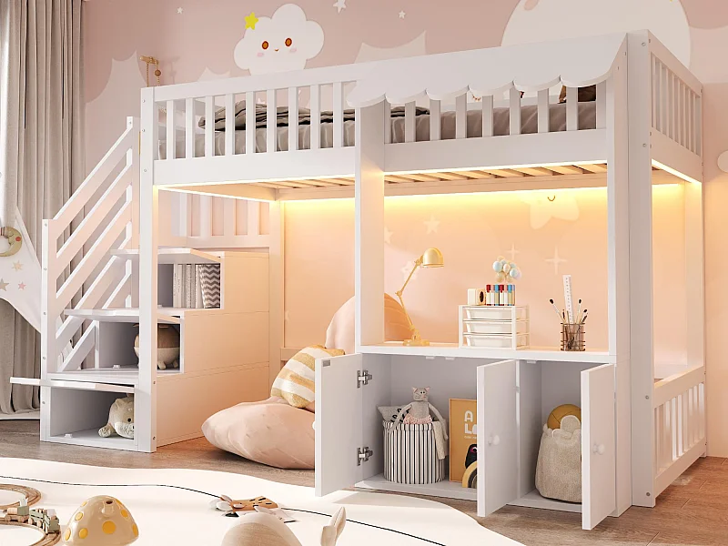 Lit mezzanine en bois 90x200cm - avec armoire - escalier de rangement - avec éclairage LED - blanc (matelas non inclus)